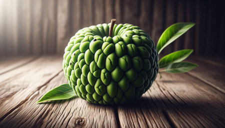 Custard apple on wooden background. Exotic fruit. Healthy food.