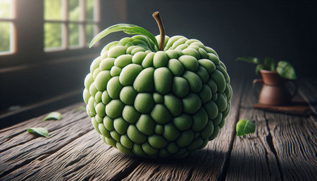Custard apple or sugar apple on wooden table with sunlight.の写真素材