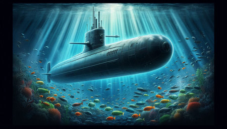 Submarine in the deep blue sea. 3d render illustration.
