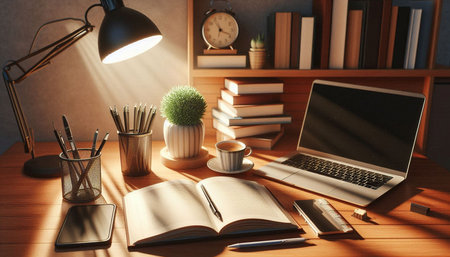 Comfortable workplace with laptop, books and stationery on wooden table