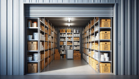 Warehouse interior with storage boxes and shelves. 3D Rendering