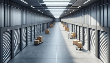 Empty warehouse interior with rows of cardboard boxes 3D rendering image.