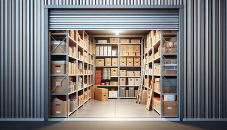 Warehouse interior with boxes and storage shelves. 3D Rendering
