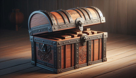 Wooden treasure chest on wooden background. Vintage style. 3d illustration