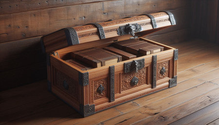Wooden chest on a wooden floor in a dark room. 3d render