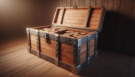 Wooden chest on a wooden floor. 3D illustration. Vintage style.