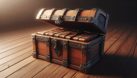 Treasure chest on a wooden background. 3d illustration. Vintage style.