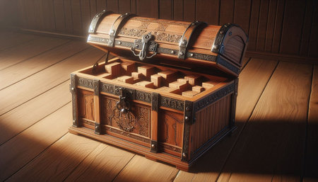 Wooden treasure chest on the wooden floor. 3d illustration.