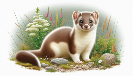 Illustration of a ferret on a green meadow with flowers