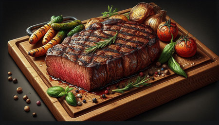 Grilled beef steak with vegetables and spices on wooden board on black backgroundの写真素材