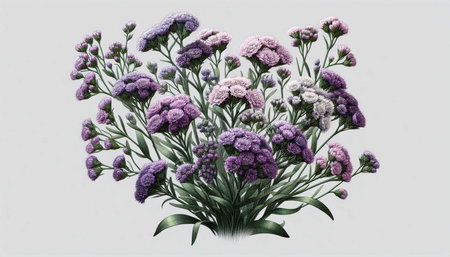 Bouquet of purple and violet flowers on a white background.