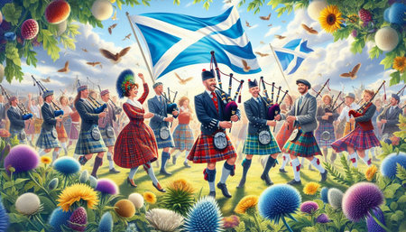 Scottish people in traditional clothing playing bagpipes in the garden. 3D rendering