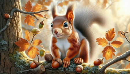Squirrel and acorns in the autumn forest. 3d render