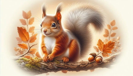 Cute squirrel sitting on a branch with acorns and autumn leavesの写真素材