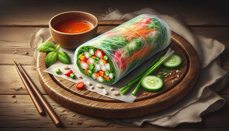 Vietnamese spring rolls with vegetables and herbs on a wooden background