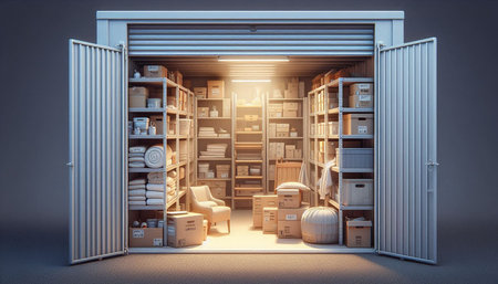 Warehouse storage interior with furniture and boxes. 3D Rendering