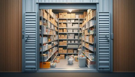 Warehouse storage interior with shelves and boxes. 3D Rendering