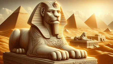 Egyptian Sphinx with Egyptian pyramids in the background. 3D rendering