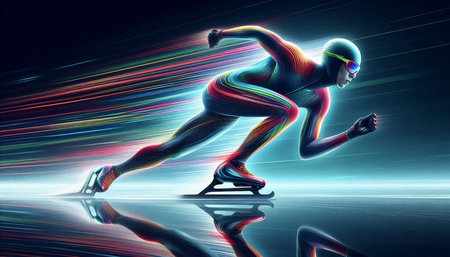 Speed skating athlete on the ice. 3D rendering. Neon lightの写真素材