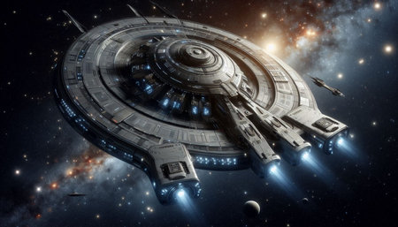 Futuristic spaceship in space. Science fiction. 3D rendering
