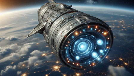 Futuristic space station in outer space. 3D rendering.