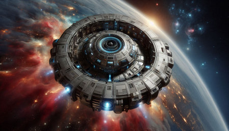 Futuristic space station in deep space. Science fiction wallpaper.