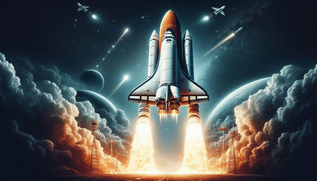 Space shuttle taking off into the space. Mixed media. Mixed media