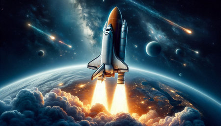 Space shuttle flying in space. Mixed media. Mixed media. Mixed media