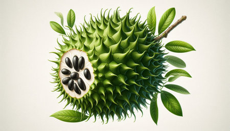 Durian fruit with green leaves on white background. 3d illustrationの写真素材