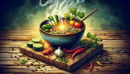 Noodles soup with vegetables and herbs in a bowl on wooden backgroundの写真素材