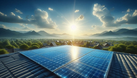Solar panels on the roof of a house against the background of the mountains.