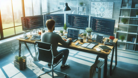 Programmer working on multiple computer screens in modern open space office.