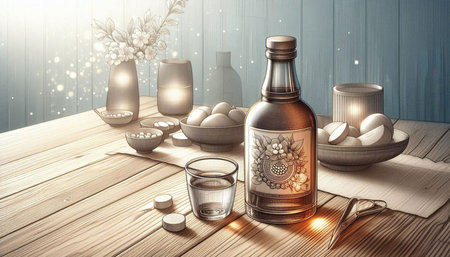 Whiskey bottle and glass on wooden table. 3D renderingの写真素材