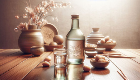 Eggs and sake in a glass on the wooden table.の写真素材