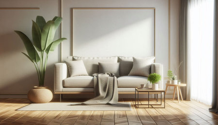 interior with sofa and plant, 3d render illustration mock up