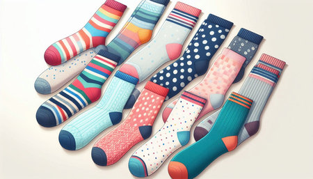 Set of colorful socks isolated on white background. Flat lay style.の写真素材