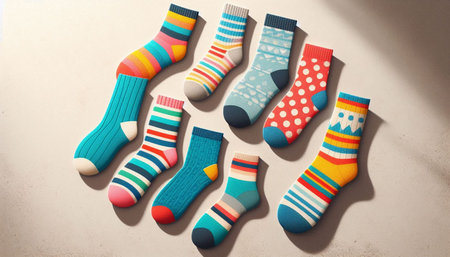 Pair of colorful socks on a light background, top view.