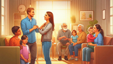 Happy family with children and grandparents in the living room at home illustration