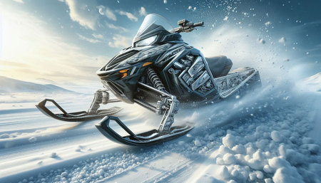 Snowmobile in the winter forest. 3d rendering. Computer digital drawing.