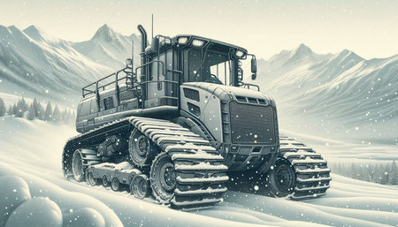 3D illustration of a heavy excavator in the snowdrift