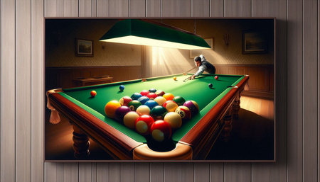 Young man playing billiards in a pool room. Collage