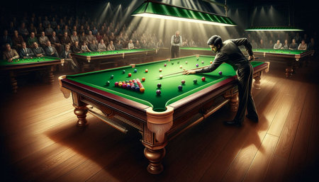 Man playing billiards on green table in casino. Mixed media