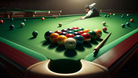 young pro billiard player finding best solution at billard or snooker pool sport  game