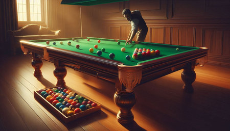 Young man playing snooker on green billiard table in dark room