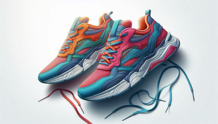 Pair of colorful sneakers on a white background, 3d renderの写真素材