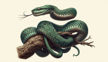 3D rendering of a green fantasy snake isolated on white background.の写真素材