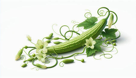 Cucumber with flowers and tendrils isolated on a white background