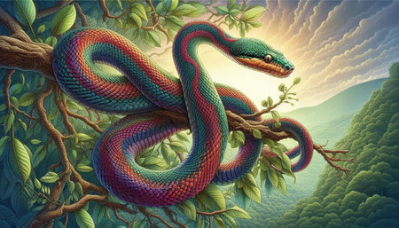 3D Illustration of a Snake on a Tree Branch and Leaves