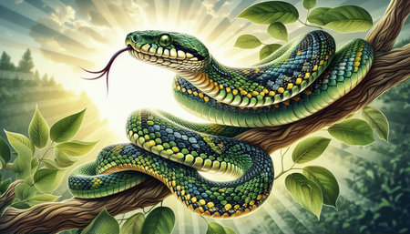 Green snake on a branch in the forest. 3d illustration.の写真素材