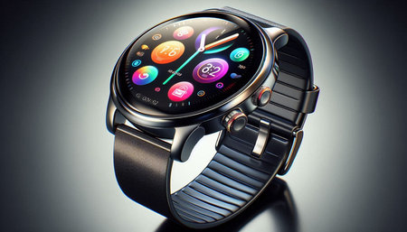 Wristwatch with colorful application icons on display on gray background.